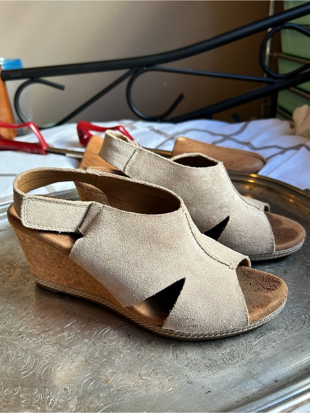 Clarks Beige Suede Wedge Sandals - Classic Women's Summer Shoes